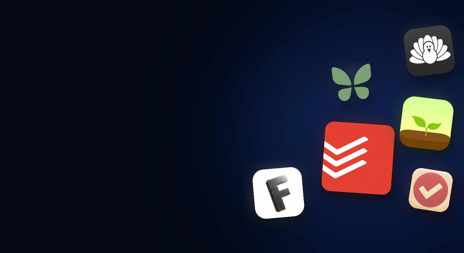 Logos of Todoist, Freedom, Cold Turkey, Forest, Focus Block and Pomofocus floating on a dark background