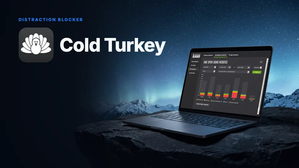 Cold Turkey logo above a laptop showing the statistics screen of Cold Turkey Blocker