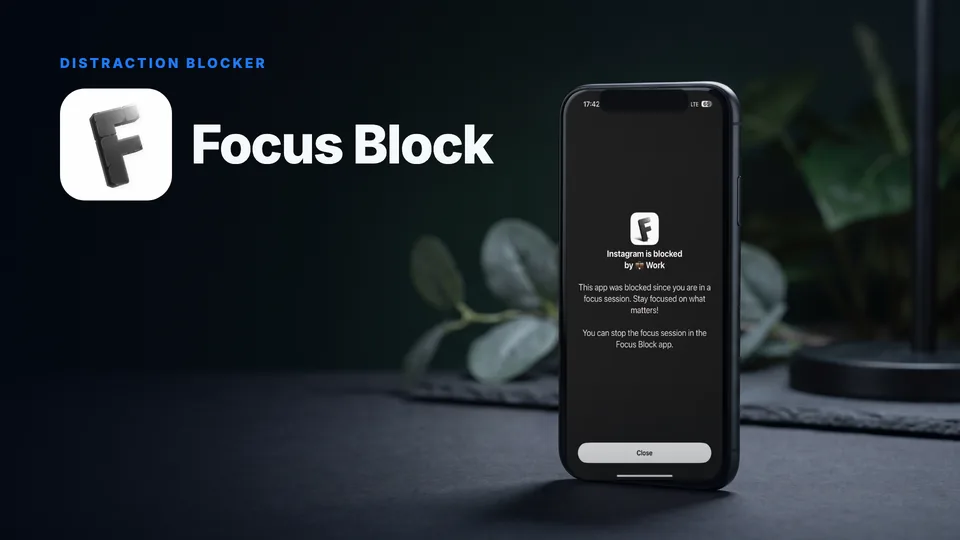 Focus Block logo next to an iPhone showing the app's blocked-app screen