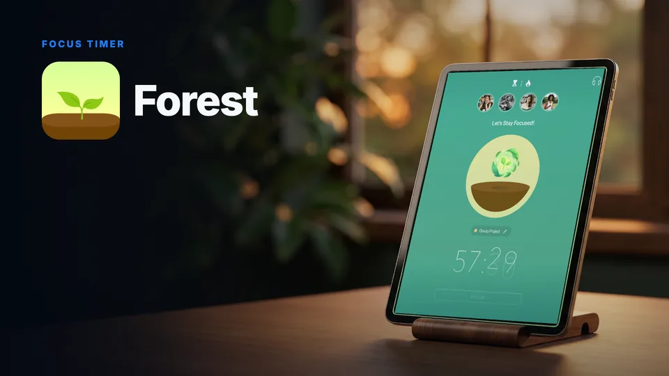 Forest app icon and name beside a tablet showing a Forest group focus session