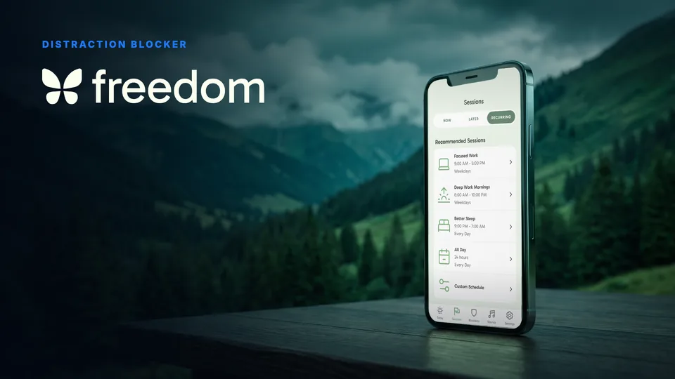Freedom logo above an iPhone showing the Sessions screen of the Freedom app
