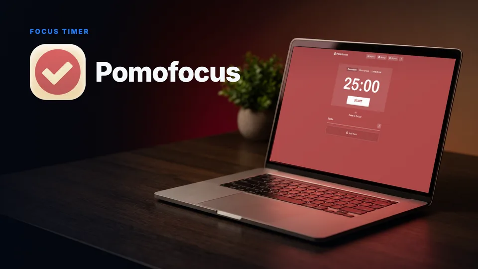 Pomofocus app icon and name above a laptop showing the Pomofocus timer