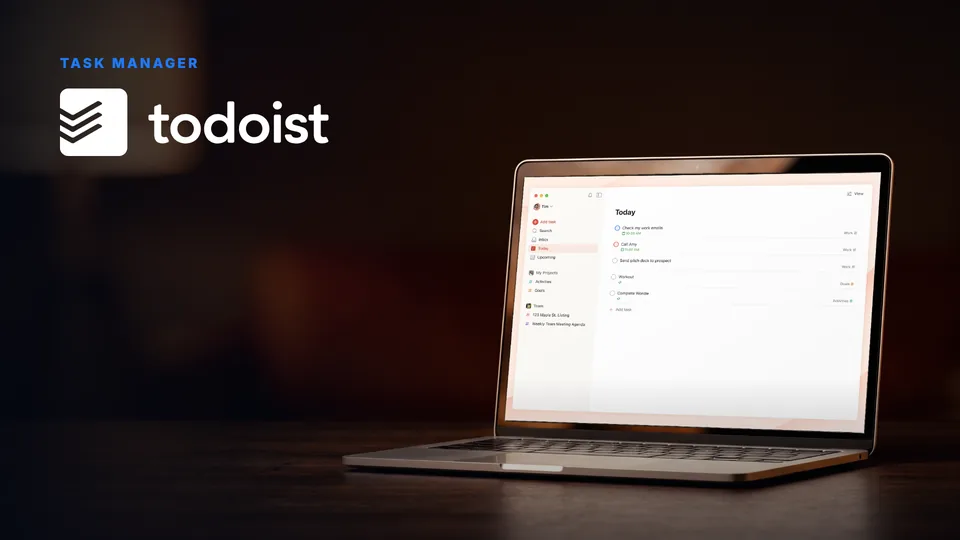 Todoist logo beside a laptop showing the Today view of the Todoist app