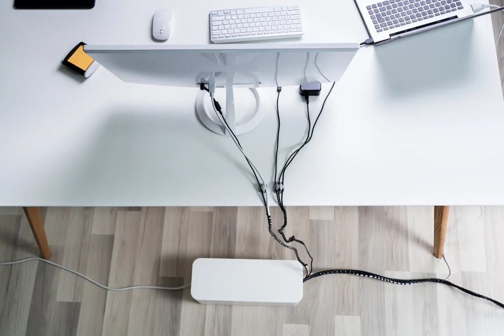 Compute And Laptop With Cable Organizer Box At Office
