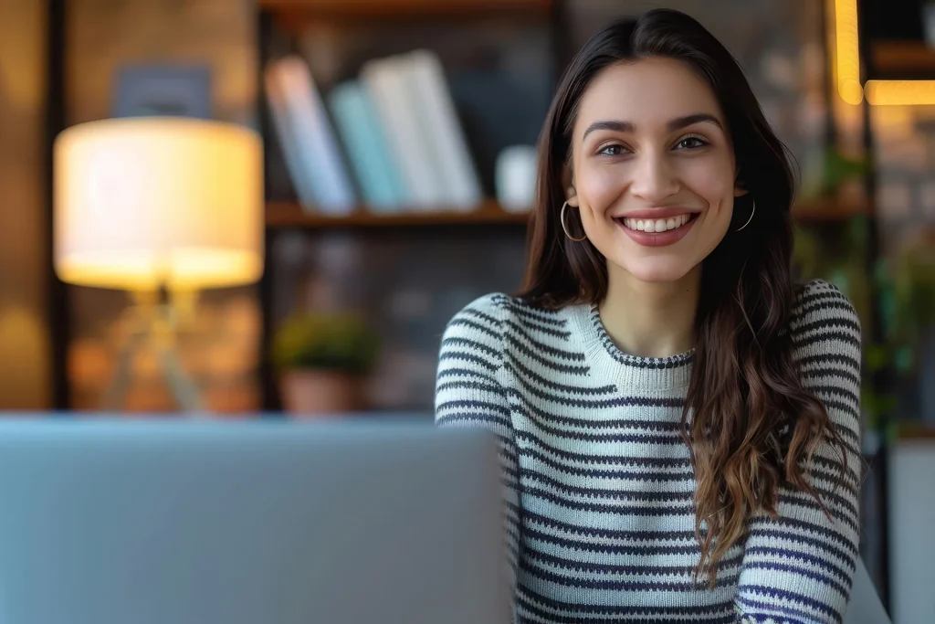 Happy young woman working remotely
