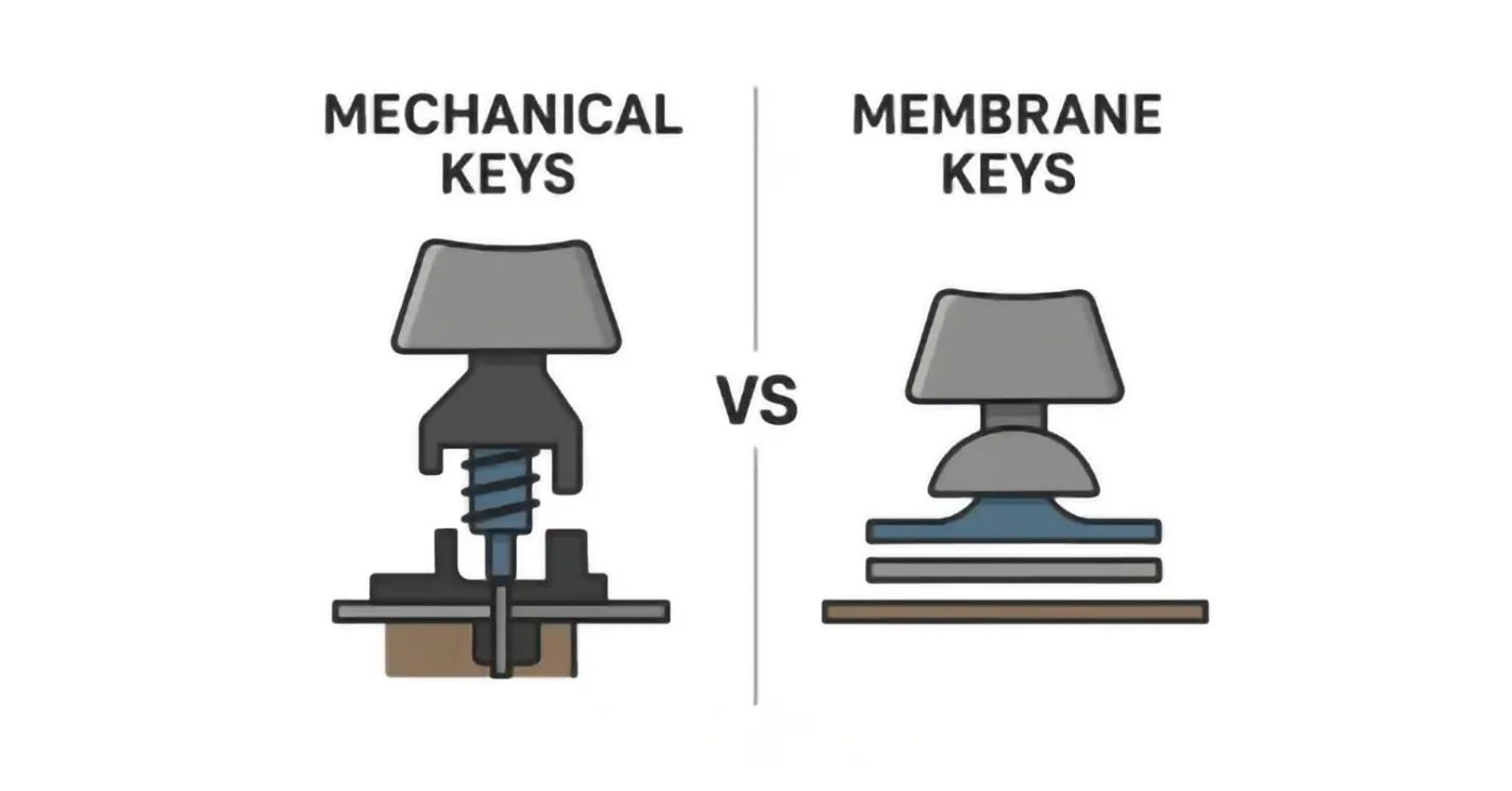 Comparison diagram showing the internal mechanism of mechanical vs. membrane switche