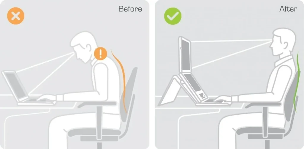 Proper monitor height and distance to reduce neck strain.