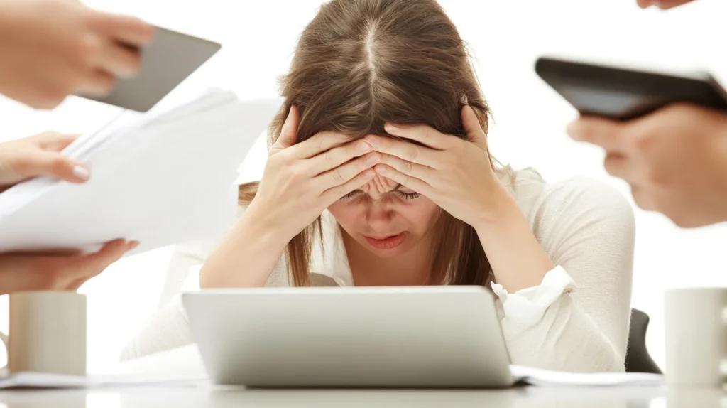 Stressed woman overwhelmed by multiple tasks at work