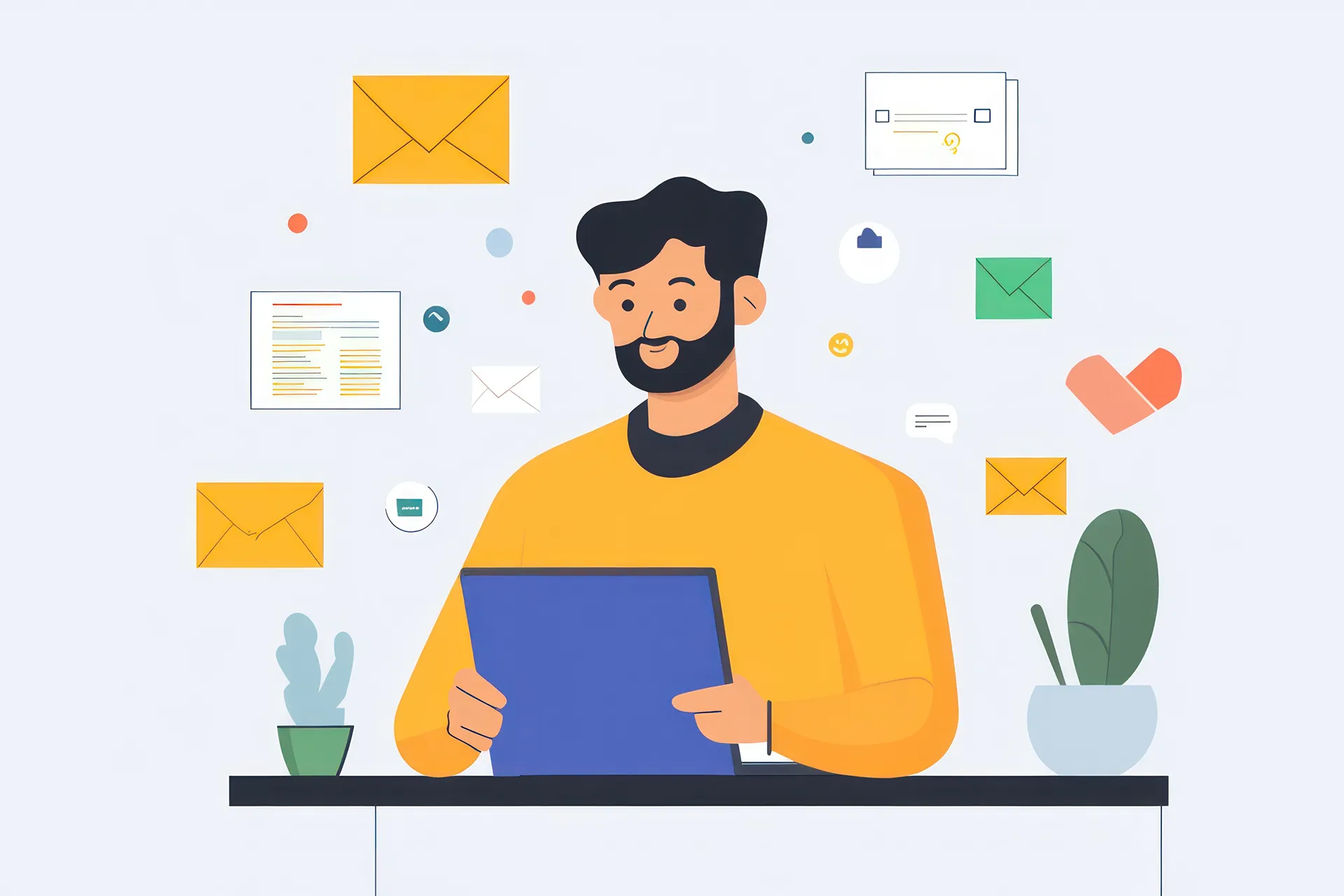 Illustration of a man with a beard wearing a yellow sweater, looking at a tablet surrounded by various digital communication elements like envelopes, documents, and chat bubbles, representing email marketing or online communication.