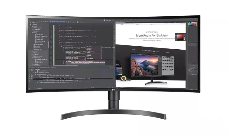 An ultrawide curved monitor displaying code on one side and a design application with product information on the other, ideal for coding, video editing, and graphic design.