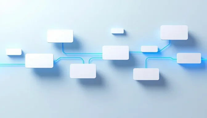 An abstract representation of a process flow or network diagram with white rectangular nodes connected by glowing blue and turquoise lines, suggesting data flow, workflow, or technological connections.