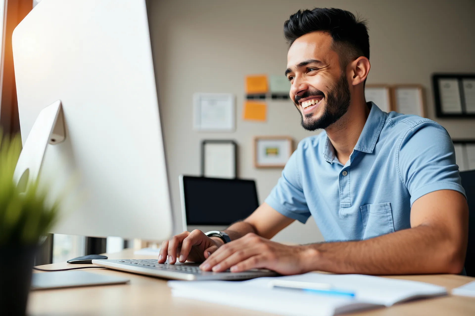 man smiling working on computer
