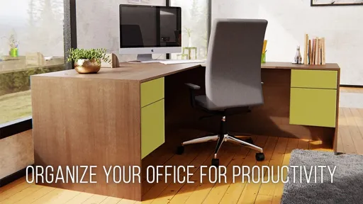 An L-shaped wooden office desk with lime green drawers, a computer monitor, an office chair, and a plant, with the text "ORGANIZE YOUR OFFICE FOR PRODUCTIVITY" overlaid, showcasing a well-organized workspace.