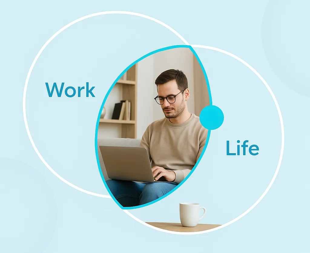Man working on a laptop within an overlapping "Work" and "Life" Venn diagram, illustrating the concept of work-life balance and digital eye strain.