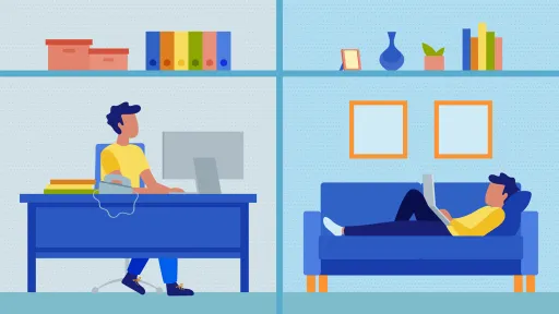 An illustration contrasting two remote work scenarios: a man diligently working at a desk with a computer and binders, and another man relaxing on a couch with a laptop, symbolizing different approaches to home office productivity.