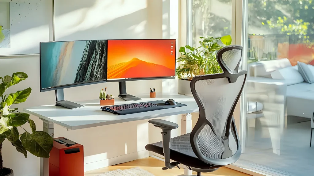 Modern home office setup with a white standing desk, ergonomic chair, dual computer monitors displaying abstract imagery, keyboard, and mouse, situated near a window with natural light.