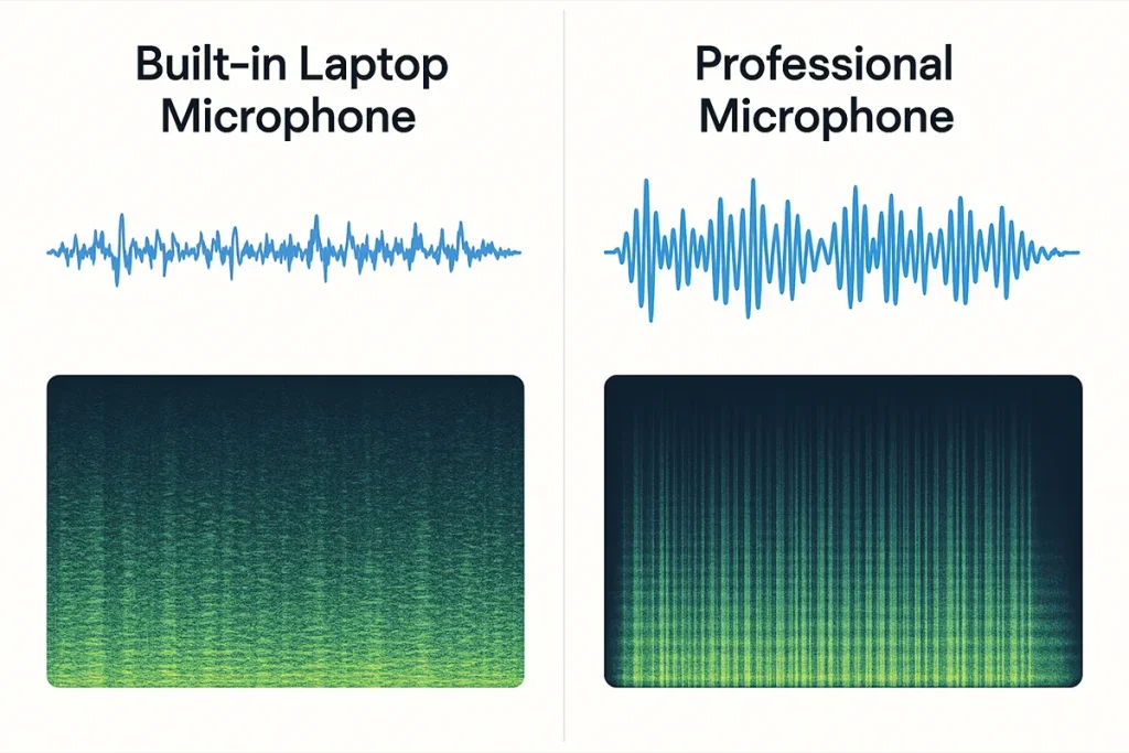 Audio quality comparison between built-in laptop microphone and professional microphone
