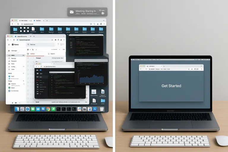 A visual comparison of a cluttered workspace next to a minimalist workspace.