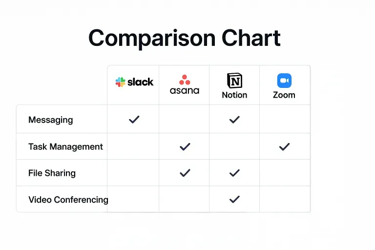 Clean, modern comparison chart with tool logos and key features highlighted