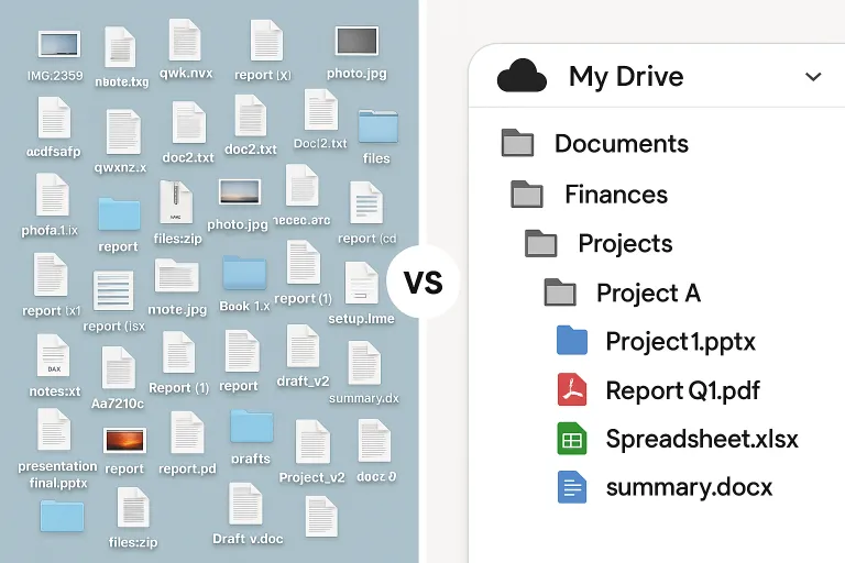 Messy desktop with files everywhere vs. organized cloud folder structure