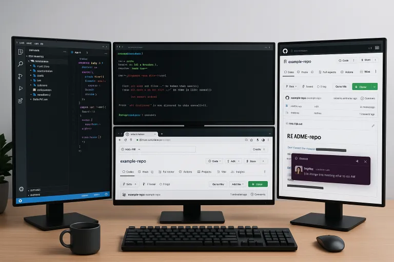 Developer workspace with multiple monitors showing code, terminal, and collaboration tools