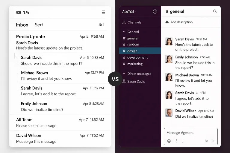 Split-screen showing chaotic email threads vs. organized Slack channels