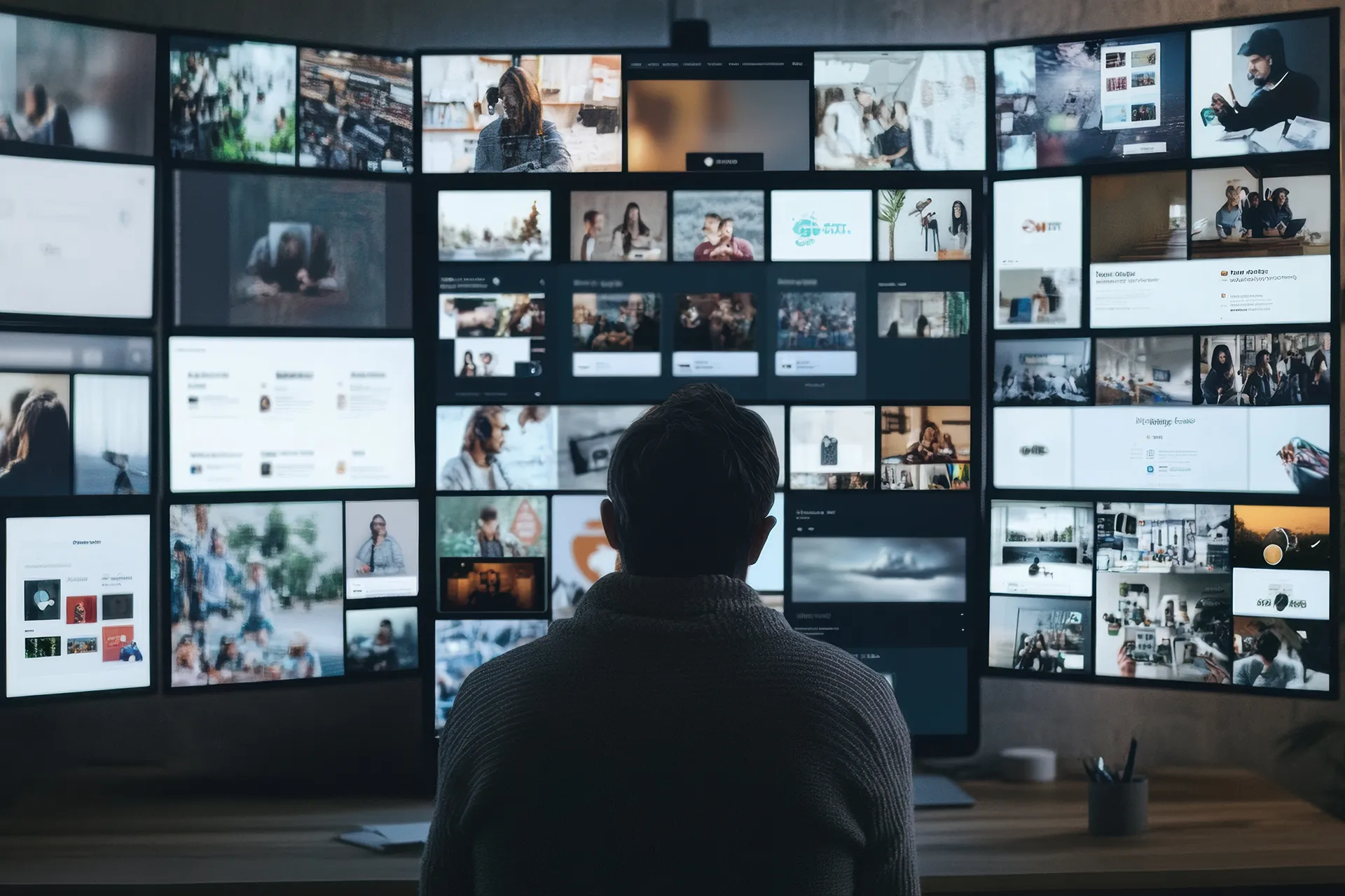 Modern workspace with multiple monitors displaying various software interfaces and social media platforms, representing diverse remote work professions
