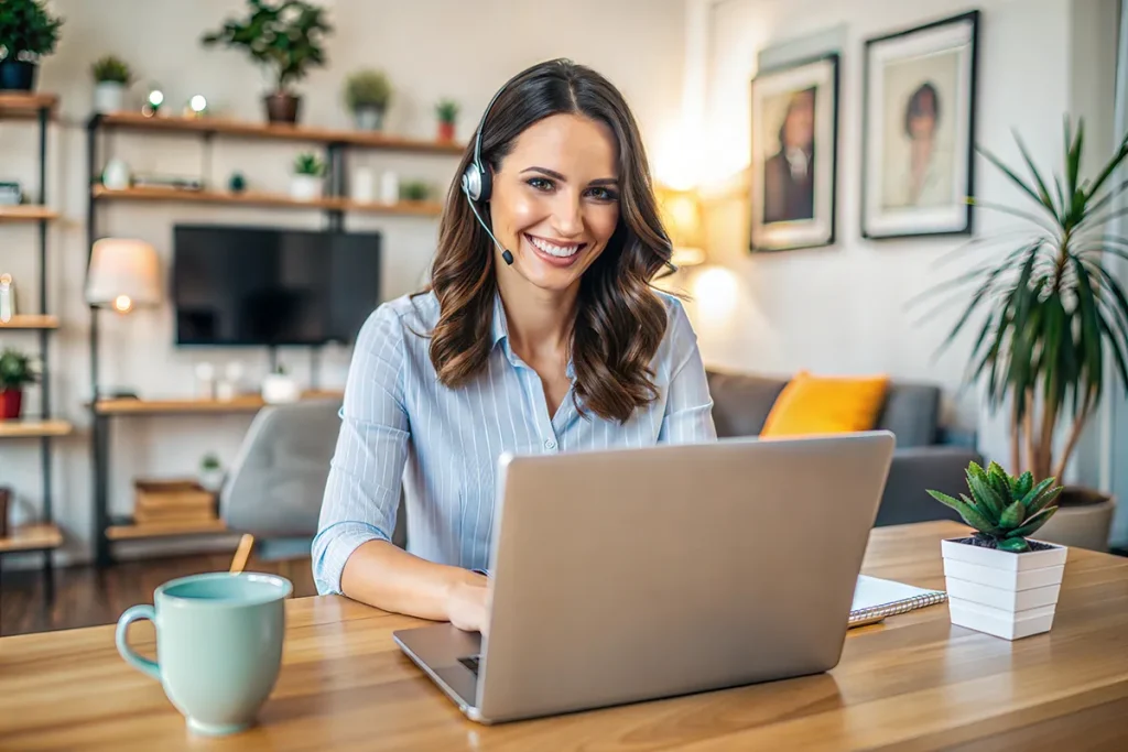 Professional woman using headset microphone for remote work meetings