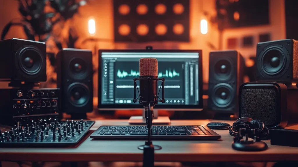 Modern home office desk setup with professional microphone and laptop for remote work