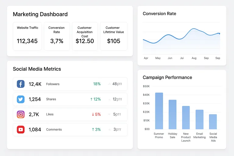 Marketing dashboard showing analytics, social media, and campaign performance