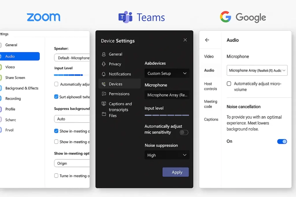 Video conferencing platform audio settings for optimal microphone performance