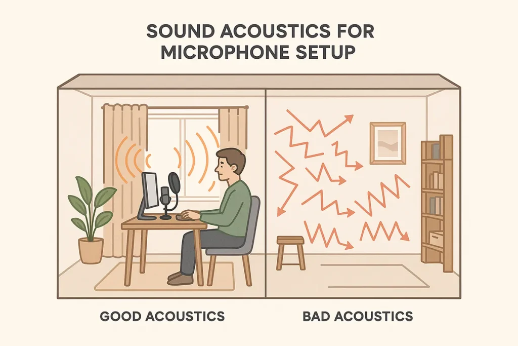 Home office acoustics diagram showing sound treatment for better microphone performance