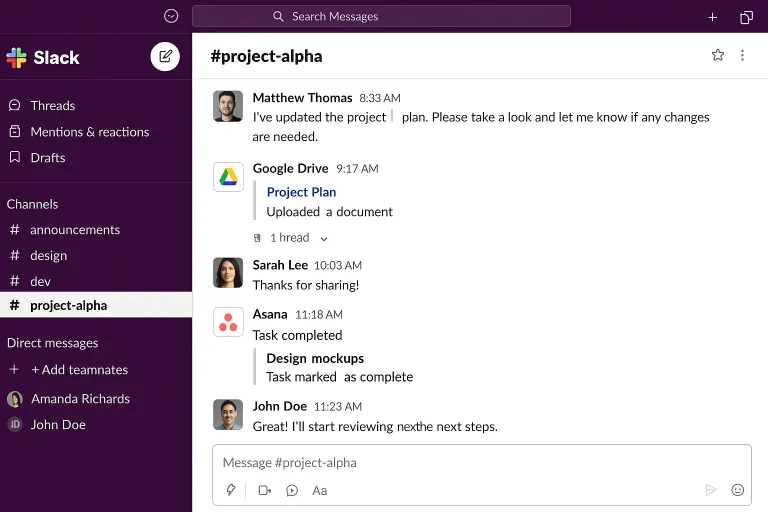 Slack interface showing organized channels and integrations in action