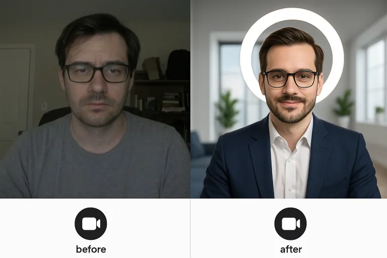 Before/after comparison of poor vs. professional video setup