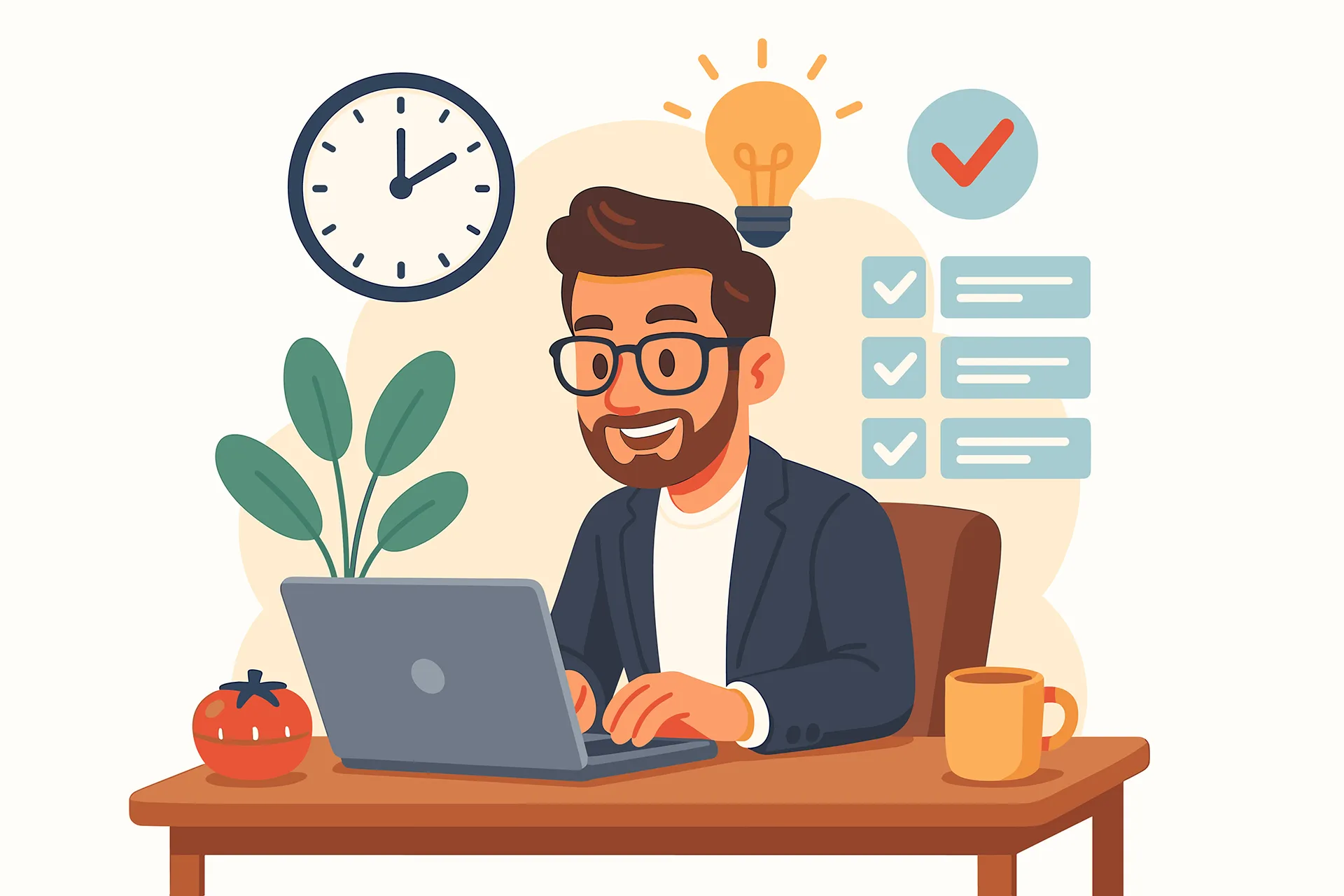 Illustration of a man working at a desk with a laptop, a clock, a lightbulb, and a completed to-do list