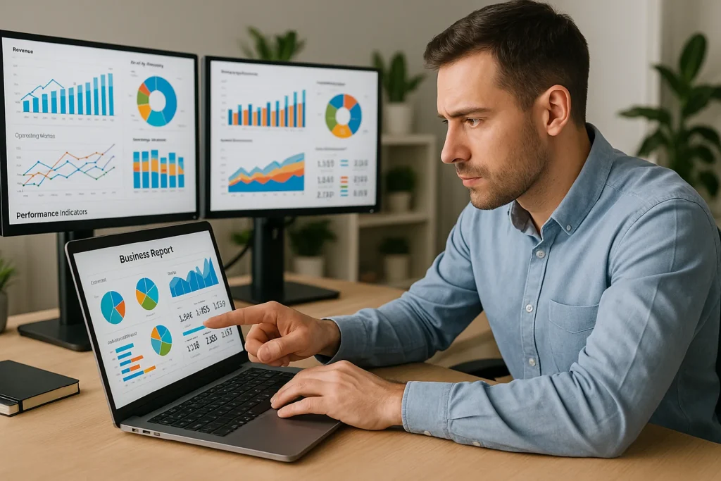 A data analyst pointing at charts and graphs on a laptop screen with two additional monitors in the background