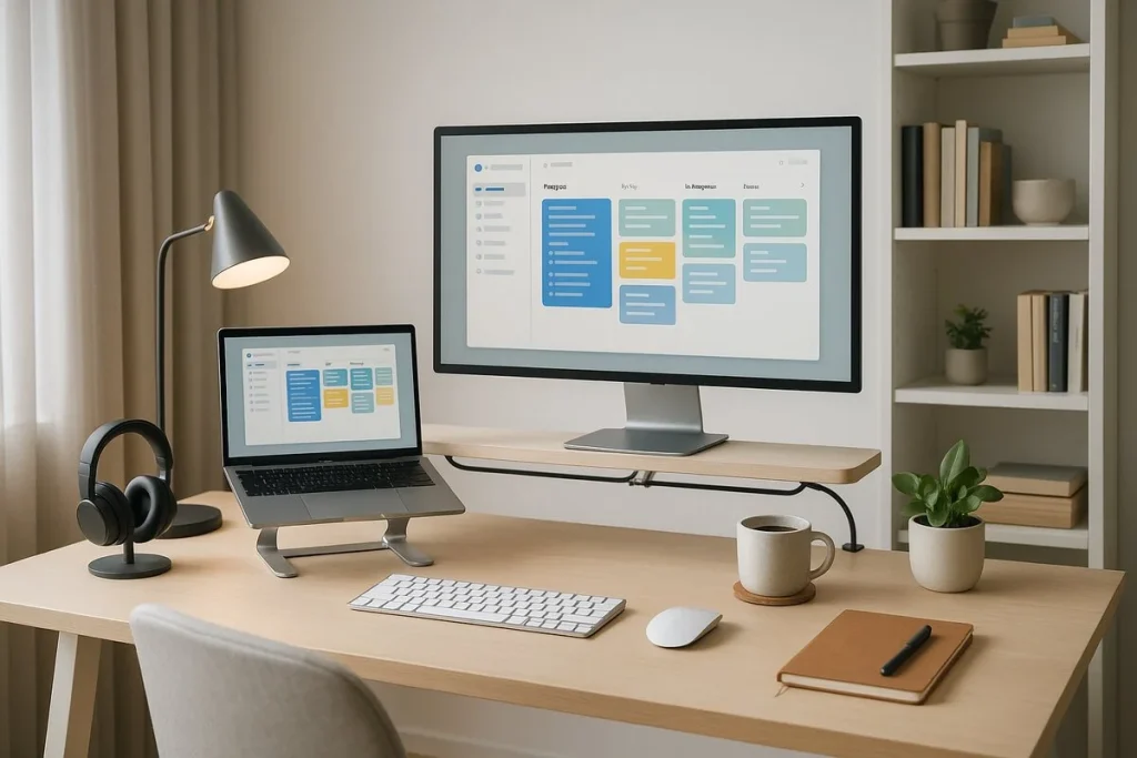 Well-organized home office setup with laptop, monitor, and accessories