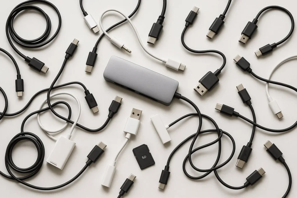 Various cables and dongles scattered on a desk