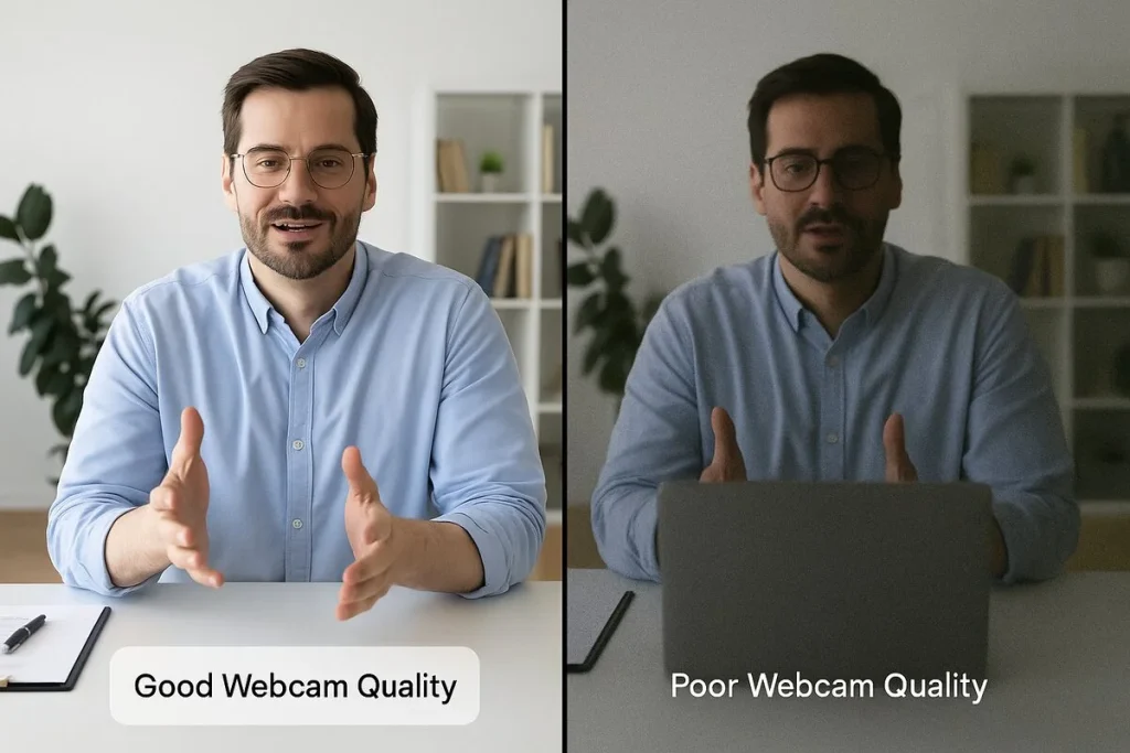 Split screen showing good vs. poor webcam quality