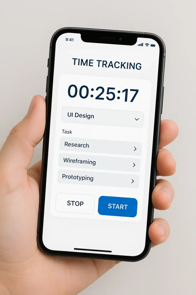Hand holding a smartphone displaying a time tracking app with a timer and a list of tasks