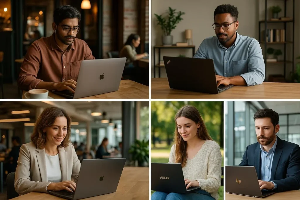 Photo collage of team members working with different laptops