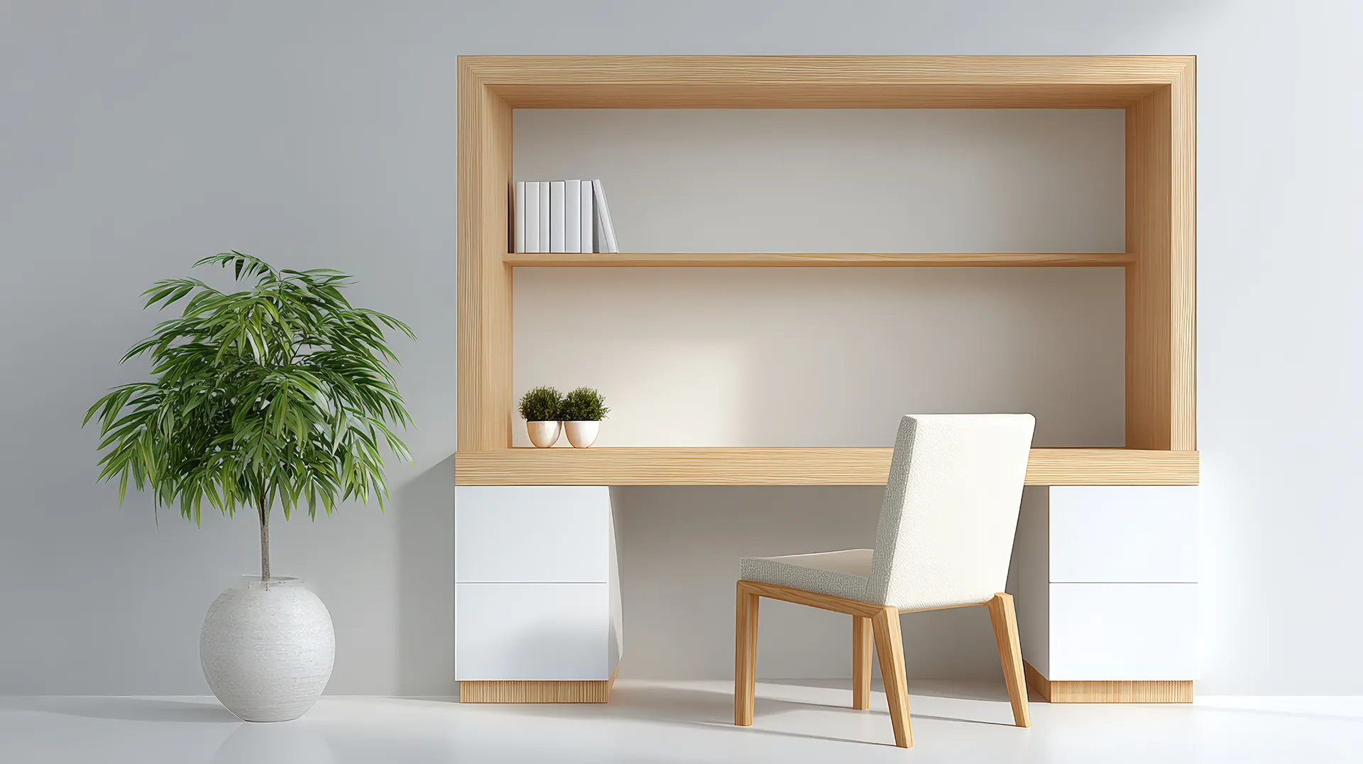A clean, minimalist home office setup with a built-in desk and organized shelving, providing inspiration for small home office organization ideas.