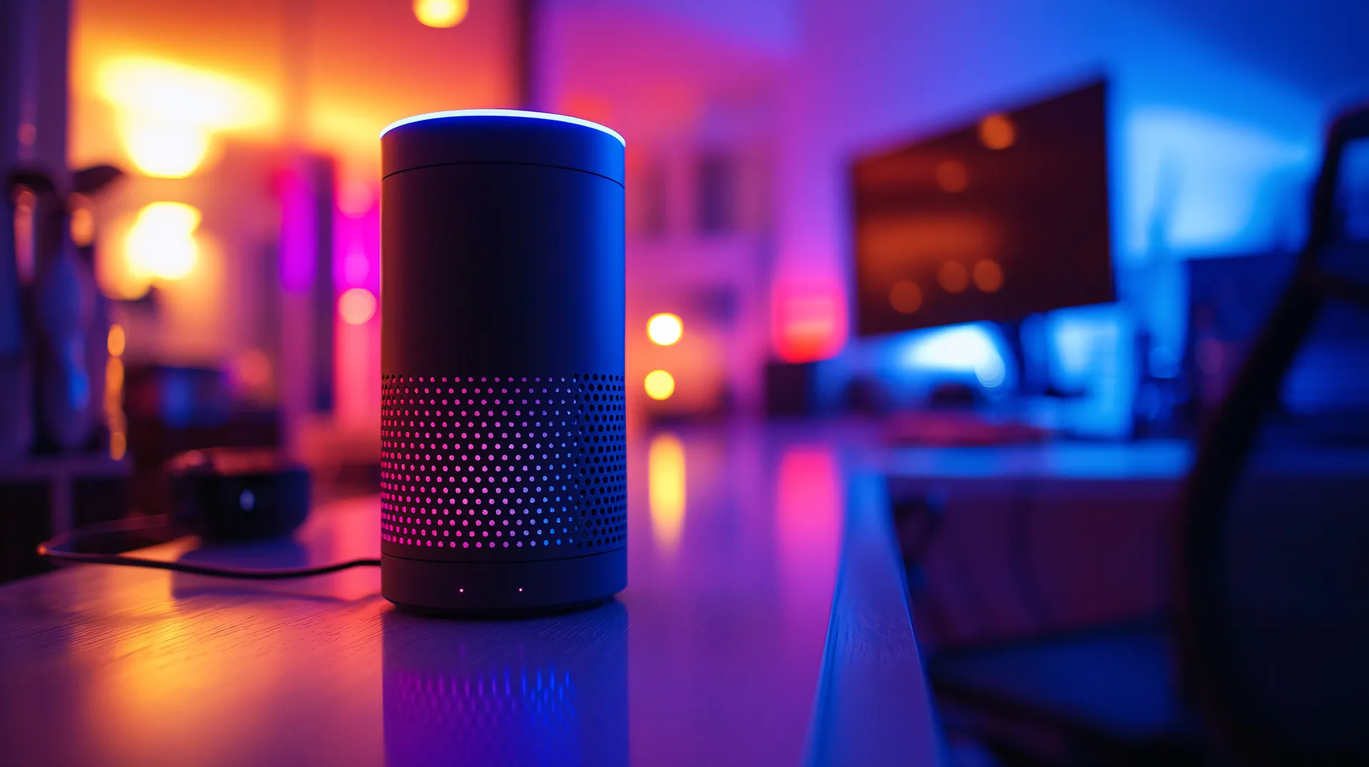 A smart speaker with a glowing light sits on a desk in a room lit with vibrant pink and blue LED lights.