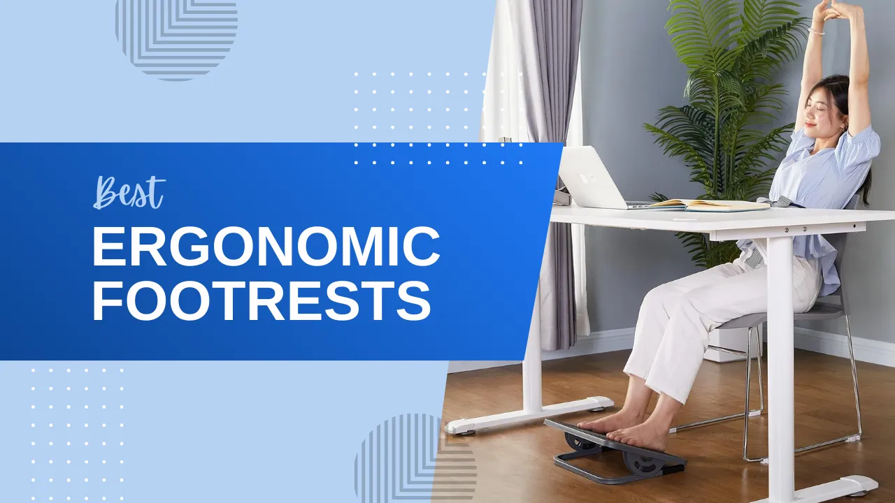 Woman stretching while using a best ergonomic footrest at her office desk.