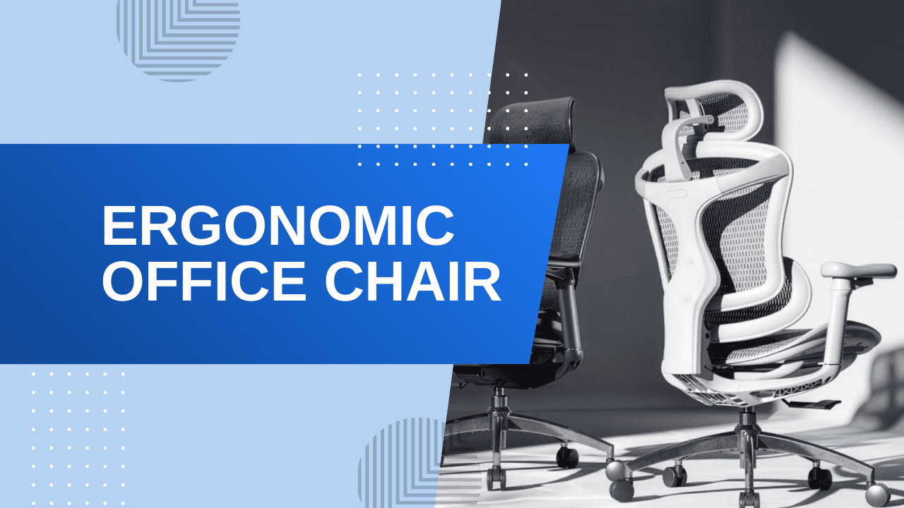 A side-by-side comparison of a black and a white high-back ergonomic office chair with adjustable lumbar support and mesh headrests, featuring a "Ergonomic Office Chair" text overlay.