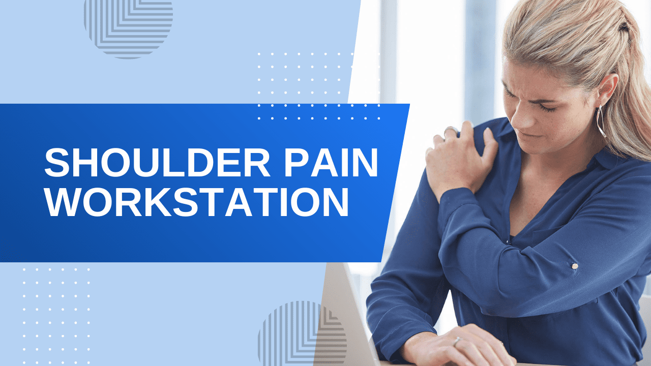 Upset blonde woman in blue shirt holding her shoulder in pain while working at a laptop in an office.