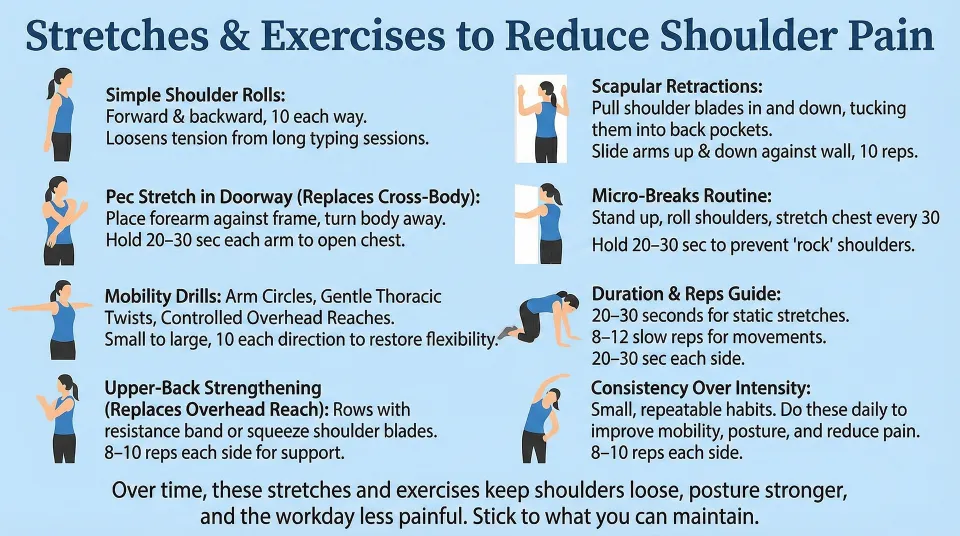 Infographic with text and illustrations showing simple shoulder rolls, scapular retractions, pec stretch, and mobility drills to reduce shoulder pain.