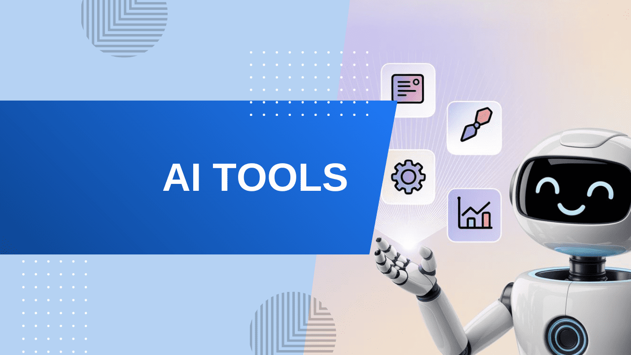 A friendly white AI robot presenting various digital tool icons like settings, analytics, and messaging, with a blue banner reading AI TOOLS.