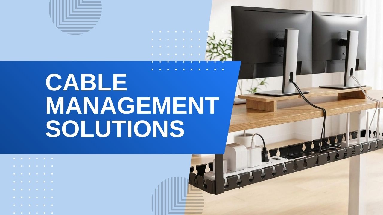 A tidy home office desk setup featuring dual monitors and an under-desk cable management tray organizing power bricks and cords for a clean workspace.