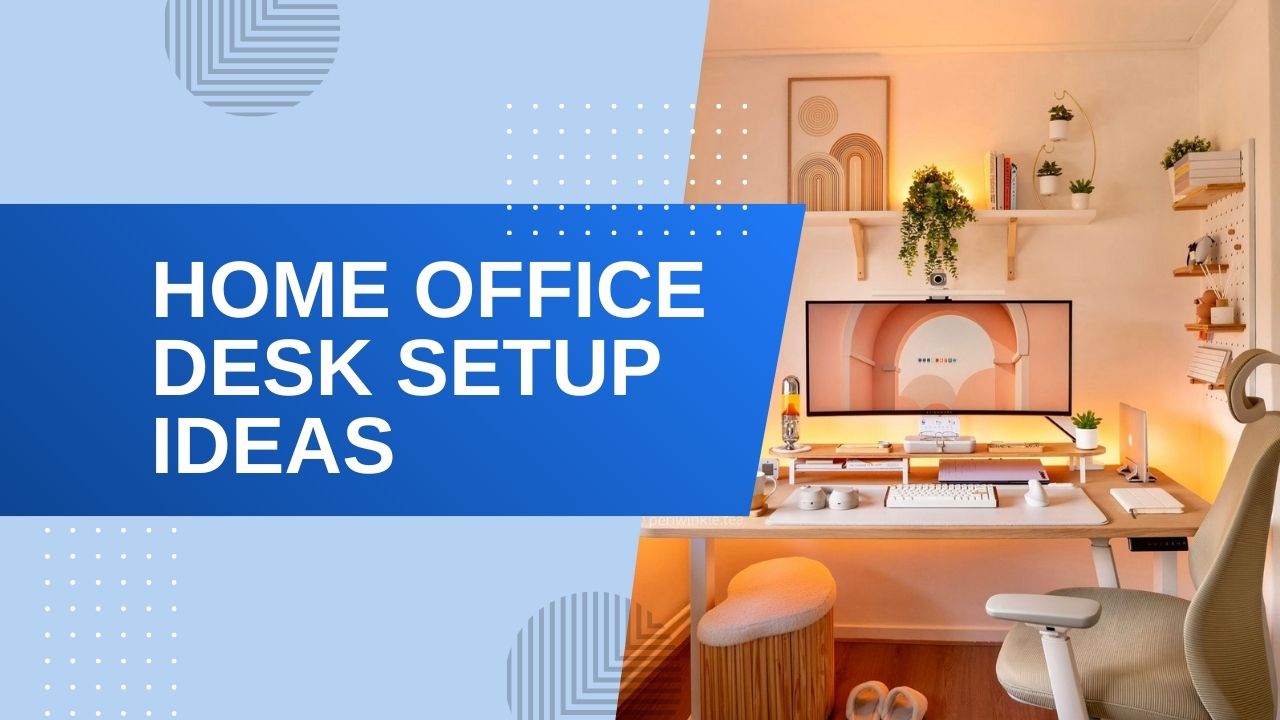A cozy and modern home office desk setup featuring a curved monitor, warm ambient lighting, wooden shelving with plants, and an ergonomic chair.